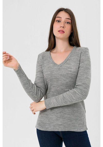 Miss Poem Kadın V Yaka Slim Fit Fitilli Uzun Kışlık Ekru Triko Kazak Gri