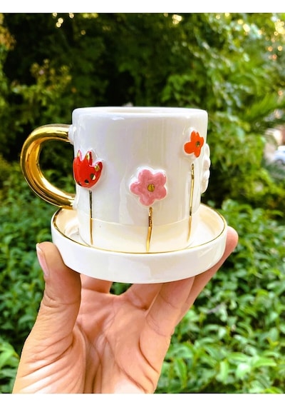 24 Ayar Altın 140 Ml El Yapımı Papatya Mug Daisy Flower Çiçek Lale Beyaz - Çok Renkli