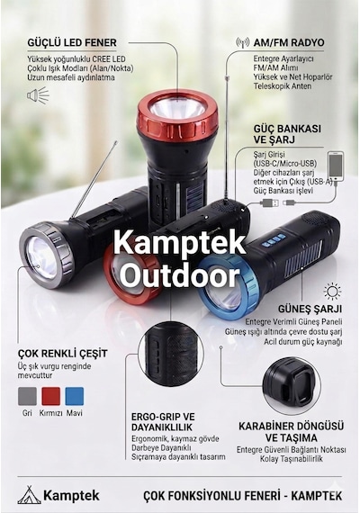 Kamptek Çok Fonksiyonlu Solar El Feneri Radyo + Powerbank + Led Işık Deprem Çantalık Diğer