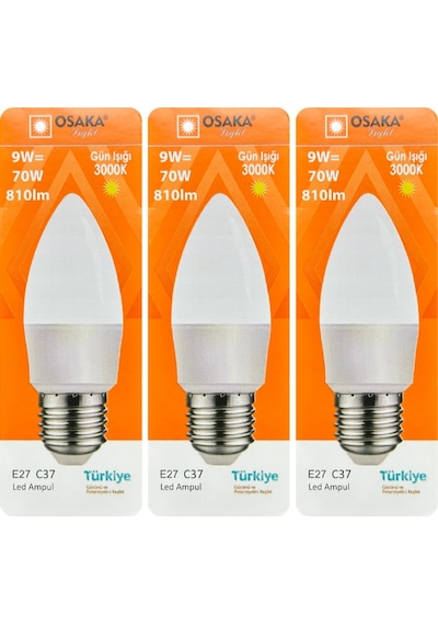 3 Adet Osaka 9w 70w Sarı Işık 3000k E27 Duylu Kalın Duy Led Mum Ampul