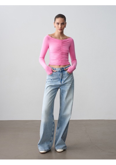 Dilvin 32089 Omuzları Açık Büzgülü Top-pembe