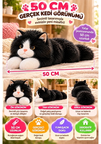 Siyah Gerçek Kedi Görünümlü Pelüş Kedi 50 Cm Uzun Tüylü Yumuşacık Sarılmalık Dekoratif Oyuncak Kedi