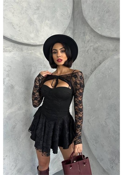 Dip Moda Kadın Bolero Detaylı Güpür Prenses Elbise Dpnbdf107 Siyah