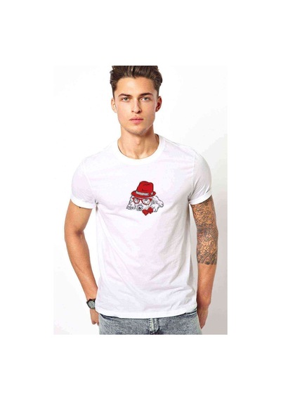 Kırmızı Şapka Ile Köpek Yay Ve Baskılı Beyaz Erkek Tshirt