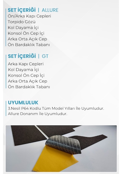 Peugeot 3008 Iıı / P64 Uyumlu Konfor Seti - Araç İçi Eşya Ceplerine Özel Kumaş Kaplama Allure / Kapaksız Cep
