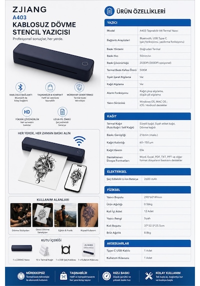 Netum Zjiang Bluetooth Taşınabilir Profesyonel Dövme Şablonu Tattoo Yazıcısı Termal Yazıcı