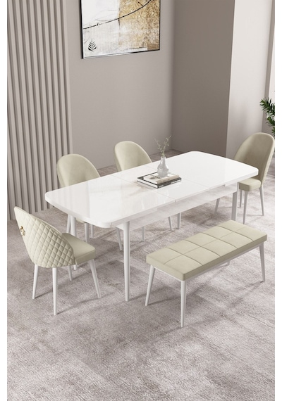 Milas Beyaz 80x132 Mdf Açılabilir Yemek Masası Takımı 4 Sandalye, 1 Bench Krem