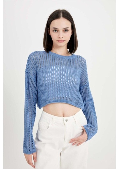 Defacto Regular Fit Bisiklet Yaka Kroşe Ajurlu Delikli Crop Triko Kazak T4513AZ24AUBE113 Mavi