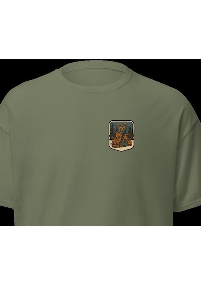 Wildstyle Tilki Renkli Vintage Yaban Hayat Doğa Orman Rozet Baskılı Unisex Bisiklet Yaka Pamuklu Tişört Haki
