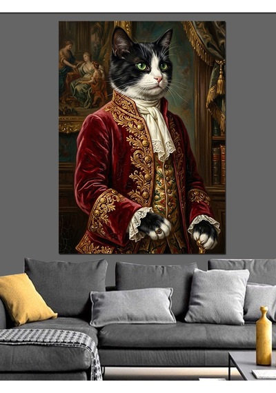 Saray Kıyafetli Aristokrat Kedi Portresi Dekoratif Kanvas - Mdf Ahşap Tablo