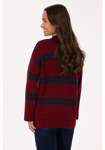 U.S. Polo Assn. Kadın Bordo Balıkçı Yaka Çizgili Kazak 50314666-VR014