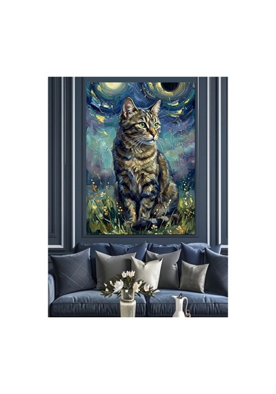 Yıldızlı Gece Altında Sanatsal Kedi Yağlı Boya Dokulu Kanvas Tablo Canvas Tablosu