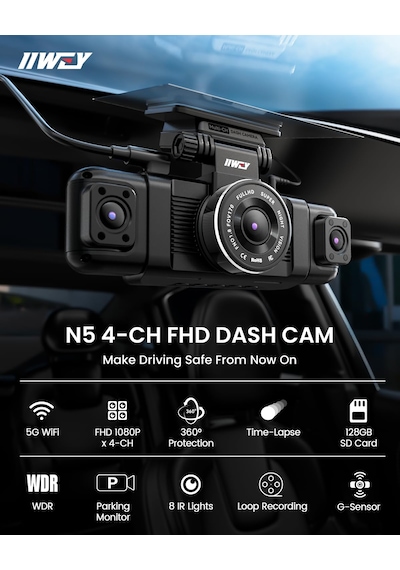 Iıwey N5 Araç Kamerası 4 Kanallı 360 Araba İçin Kamera - 1080p Ön, Arka, İç, Yanlar - Gece Görüşü, G-sensörü, Park Modu, 5g Wifi Ve Uygulama, Dahil. 128gb Sd Kart Iıwey N5 Araç Kamerası 4 Kanallı 360 Araba İçin Kamera - 1080p Ön, Arka, İç, Yanlar - Gece Görüşü, G-sensörü, Park Modu, 5g Wifi Ve Uygulama, Dahil. 128gb Sd Kart