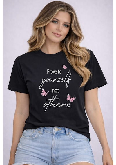 Herkesemoda Prove To Yourself Detaylı Basic T-shirt Siyah