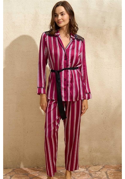 Aria's Closet Satençizgili Düğmeli Uzun Kol Dantelli Gömlek Ve Pantolon Pijama Bordo