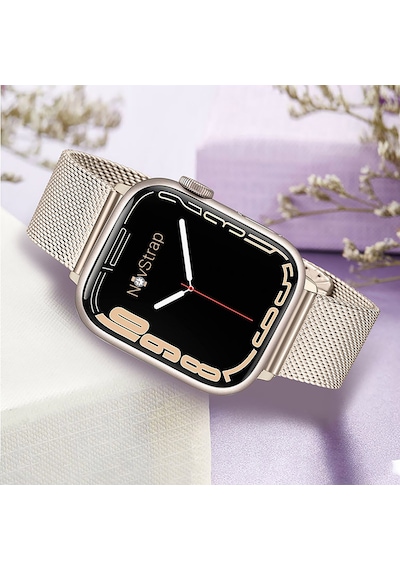 Novstrap Apple Uyumlu  Watch Seri 7/8 45mm Starlight Yıldız Işığı Hasır Örgü Metal Kordon Kayış