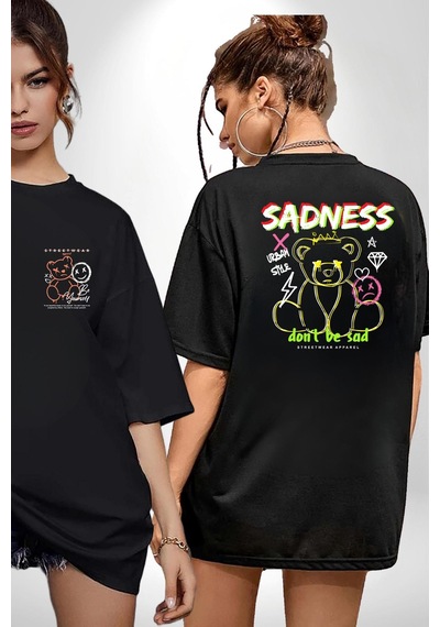 Üzüntü Üzülme Siyah Oversize Unisex Ön Ve Sırt Baskılı Tişört Siyah