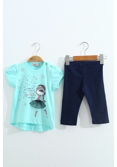 Toontoy Kids Toontoy Kız Çocuk 2'li Takım Baskılı Bisiklet Yaka T-shirt & Beli Lastikli Kapri Şort Mint Yeşili