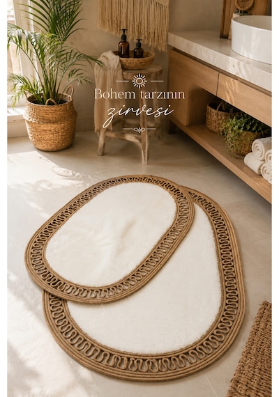 El Yapımı Bohem Banyo Paspası 2'li Peluş Kaymaz Jel Taban 40x60 Cm Ve 60x100 Cm Beyaz
