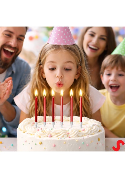 Metalik Kırmızı İnce Uzun Pasta Mumu 19 Cm - 6 Adet
