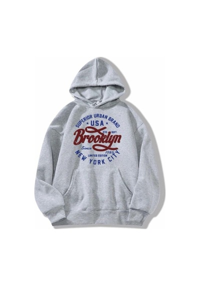 Unisex Oversize Brooklyn Baskılı Kapüşonlu Gri Sweatshirt. Gri