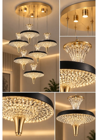 Modern Premium Sarkıt Avize 6'lı Led Gold Siyah Detaylı Modern Salon Avizesi 124w 3 Renk