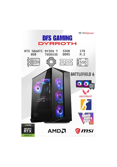 MSI DFS Gaming DYRROTH R7-7800X3D 8 GB 32 GB 1 TB M.2 SSD RTX5060Ti Free Dos Masaüstü Oyuncu Bilgisayarı