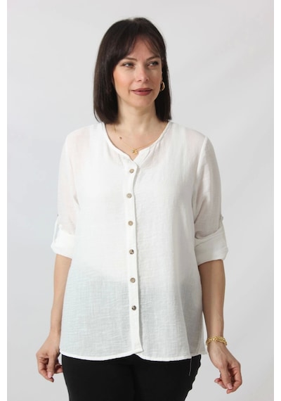 Moda Berray Bb-0269 Keten Kolu Apoletli Sıfır Yaka Büyük Beden Beyaz Gömlek Beyaz