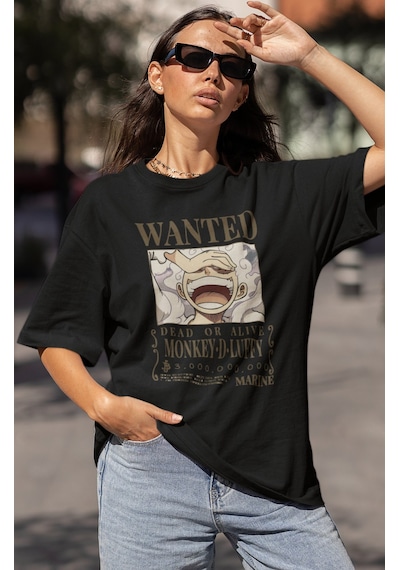 Sevbano Wanted Dead Or Alive Monkey D. Luffy Baskılı Unisex Oversize One Siyah