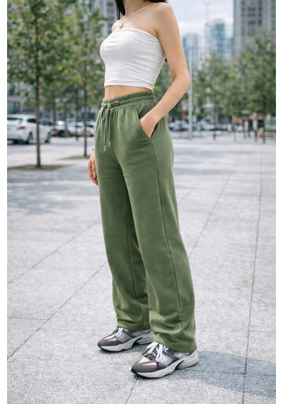 Winmoda34 Kadın Trend Bol Paça Modal Kumaş Eşofman Altı Çift Cepli Wide Leg Haki