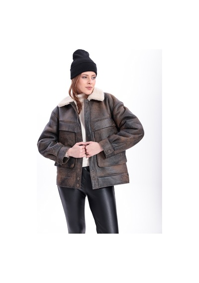 M M Marki Marki Kadın Hakiki Deri Ceket, İçi Kürklü, 58 Cm, Oversize, Sportif Eskitme Model - 119922 Kahverengi Eskitme