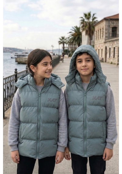 Pina Kids Unisex Çıtçıt Kapüşonlu Baskılı Şişme Yelek Mint Yeşili