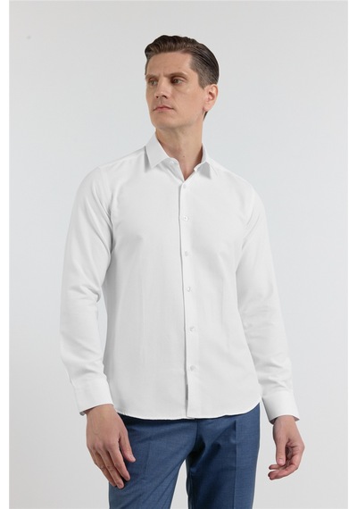 İmza Beyaz Kendinden Desenli Sert Yaka Uzun Kol Cepsiz Slim Fit Pamuklu Gömlek 1004255283