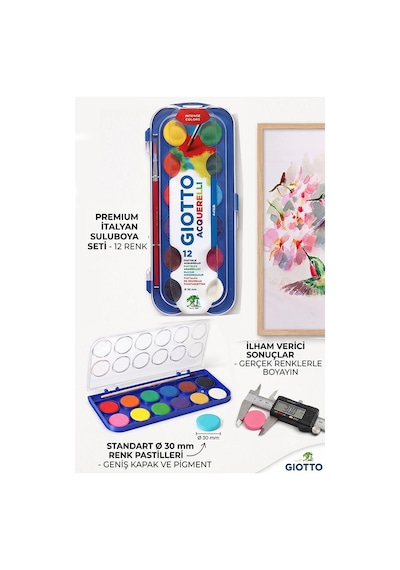 12 Renk Sulu Boya 30mm Büyük 1 Paket Giotto 12 Li Suluboya Fırça Hediyeli Canlı Renkler Acquerelli Kaliteli Yıkanabilir Çok Renkli
