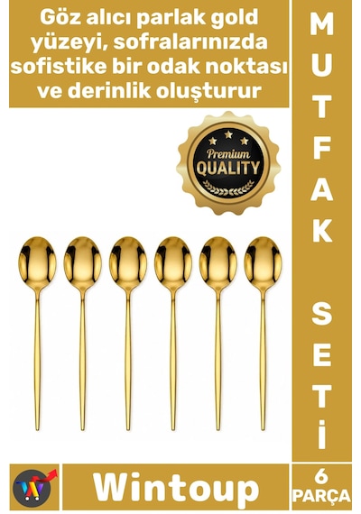 Kaşık Lüks Şık Modern Mutfak Sofra Sunum Takımı Paslanmaz Çelik Gold Renk 6 Parça Yemek Kaşığı Set