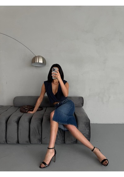 Zeo Basic Yırtmaçlı Midi Boy Jean Etek Mavi+taşlamalı