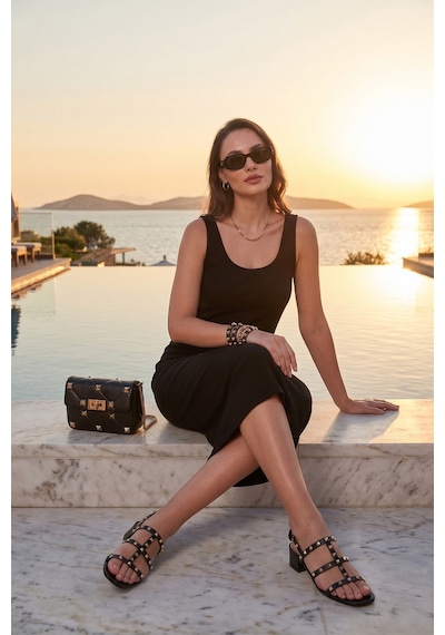 Lela Slim Fit Kalın Askılı Midi Bayan Elbise 5866154 Siyah