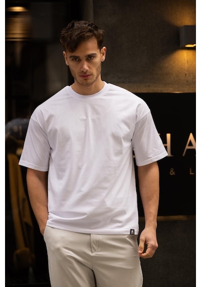 Gravel Oversize Bisiklet Yaka Pamuklu T-shirt - Beyaz Beyaz