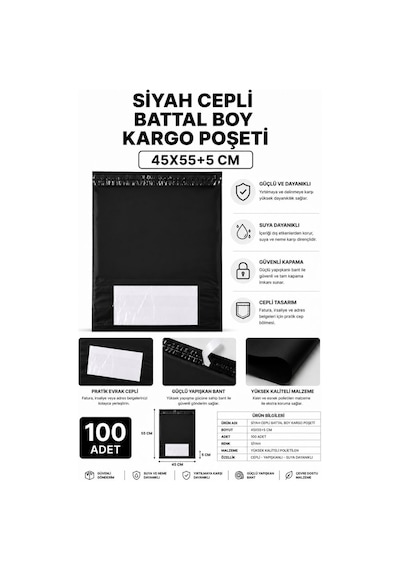 Siyah Cepli Battal Boy Kargo Poşeti 45x55+5 Cm 100 Adet