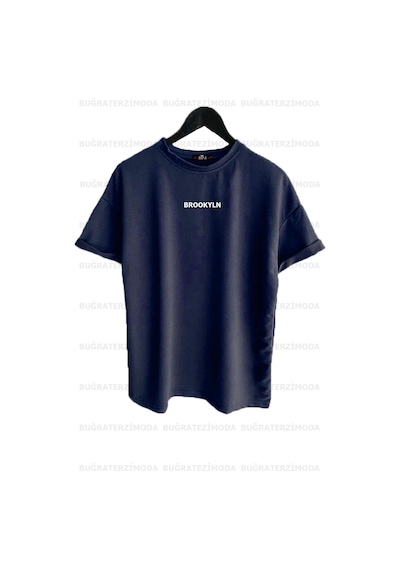 Noıssey Buğraterzimoda Brooklyn Baskılı Bol Kalıp Unisex Lacivert Oversize T-shirt Btmbt789876