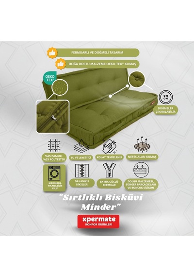 Xpermate Bisküvi Yer Minderi 60x120 Kalın Palet Balkon Petek Önü Fermuarlı Minder Yeşil