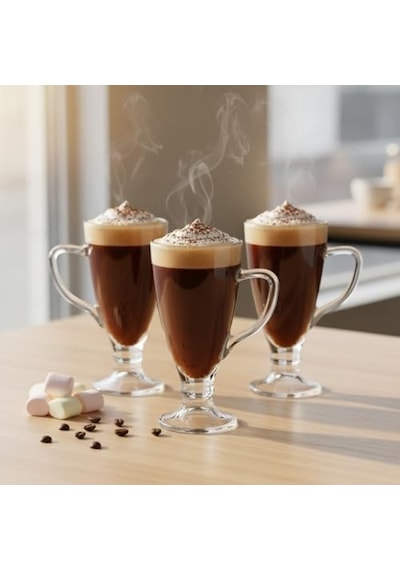 3 Lü Cam Kupa Seti 250 Ml Ayaklı Şeffaf Kahve Ve Tatlı Bardağı Latte, Cappuccino, Sıcak Çikolata İçin Aeropress