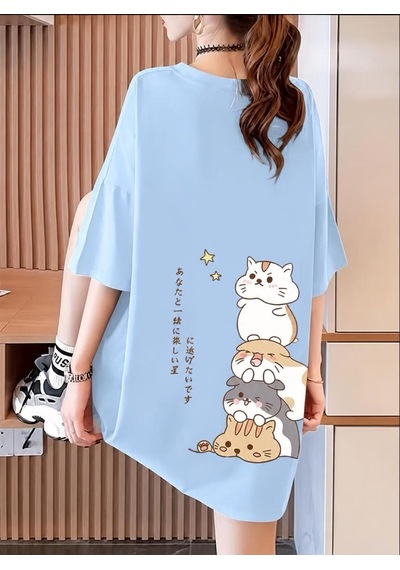 Harajuku Japon Yazılı Kedi Tasarımlı Unisex Oversize T-shirt Turkuaz