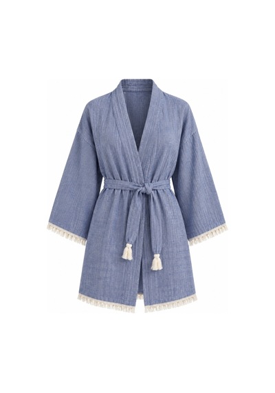 Kimono Müslin 2 Katlı Peştemal Bornoz Beden S-m - Mavi