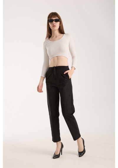 Gugus Kadın Beli Pensli Süet Pantolon Havuç/şalvar Model Siyah