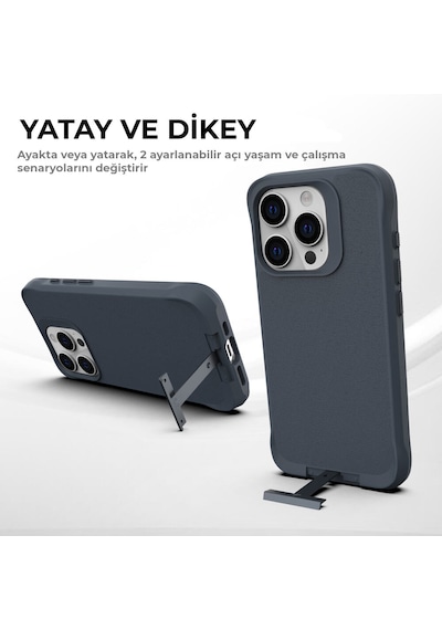 Bix iPhone Uyumlu 14 Pro Max Vortex Magsafe Kılıf Stand Özellikli 3x Korumalı Mikro Fiber İç Yüzey Gri Mavi