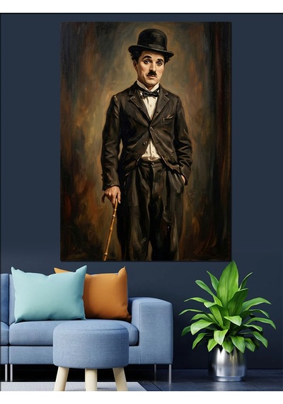 Bastonlu Şık Charlie Chaplin Tablosu Dekoratif Kanvas - Mdf Ahşap Tablo