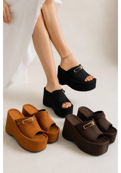 Dabab Shoes Lunara Kadın 3'lü Paket Tokalı 10 Cm Platform Topuklu Kalın Taban Terlik Sandalet Taba - Kahve - Siyah Kahverengi - Taba