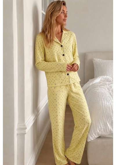 Womanandkids Gri Kadın Puantiyeli Uzun Kollu Düğmeli Pijama Takımı sarı