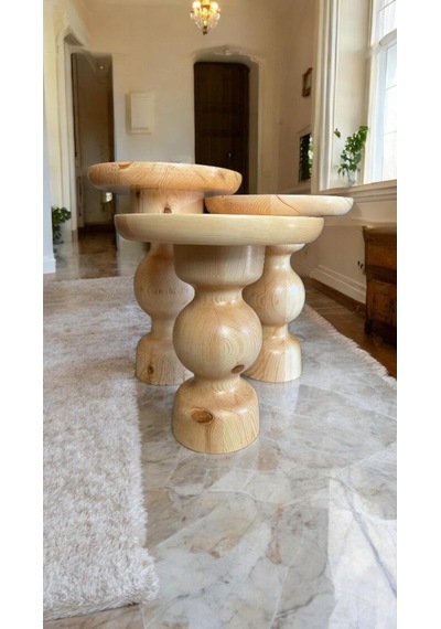 Wood Wooden Ahşap 3 Lü Set Mantar Yan Sehpa Modern Fiskos / Naturel Renk/ Zigon Sehpa Naturel